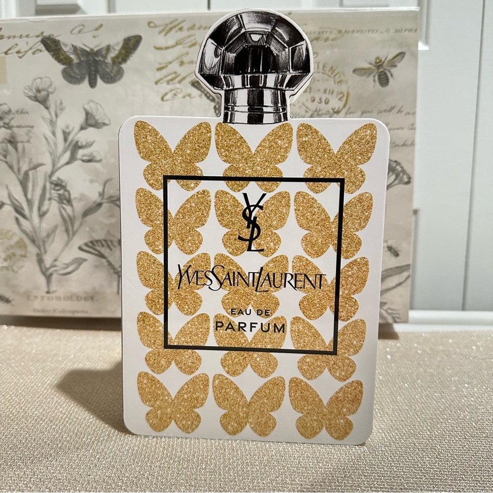 Designer Table Decor - Yves Saint Laurent Perfume Bottle with Gold Butterflies